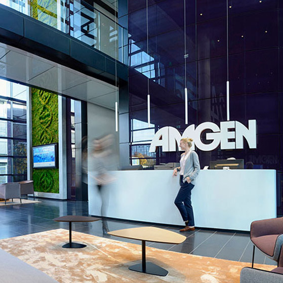 Empfangsbereich bei der Amgen GmbH mit einem modernen, offenen Design, Sitzgelegenheiten und vertikaler Pflanzenwand. Eine Person steht am Empfangstresen. Symbolbild für Kontaktmöglichkeiten.