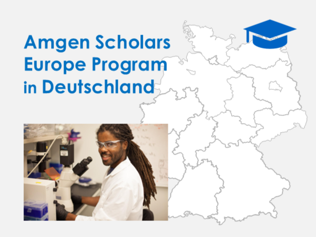 Grafik mit Deutschlandkarte auf grauem Hintergrund. Oben links befindet sich der Titel, oben rechts ein blauer Sponsionshut und unten links ein Foto von einem jungen Mann in weißem Kittel und Schutzbrille, der im Labor an einem Mikroskop sitzt.